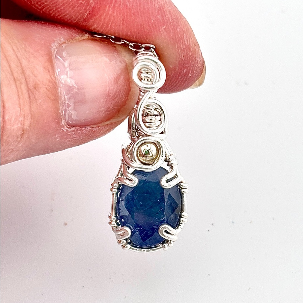 HANDMADE Sapphire Silver Filled Wire Wrapped Pendant Necklace. Artisan Jewelry